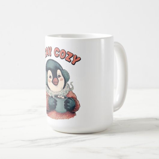 Cute Stay Cozy Penguin Drinking Hot Cocoa T-Shirt Kaffeetasse (VorderseiteRechts)