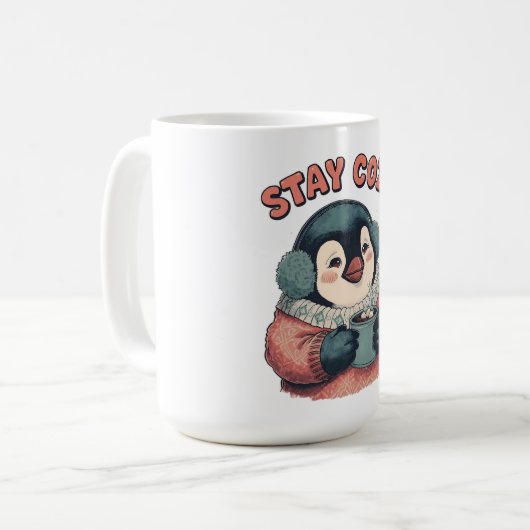 Cute Stay Cozy Penguin Drinking Hot Cocoa T-Shirt Kaffeetasse (Vorderseite Links)