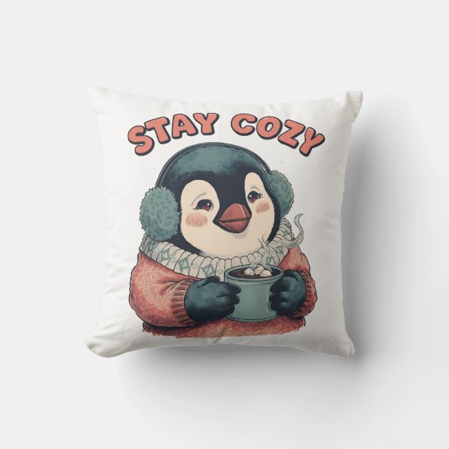 Cute Stay Cozy Penguin Drinking Hot Cocoa T-Shirt Kissen (Vorderseite)