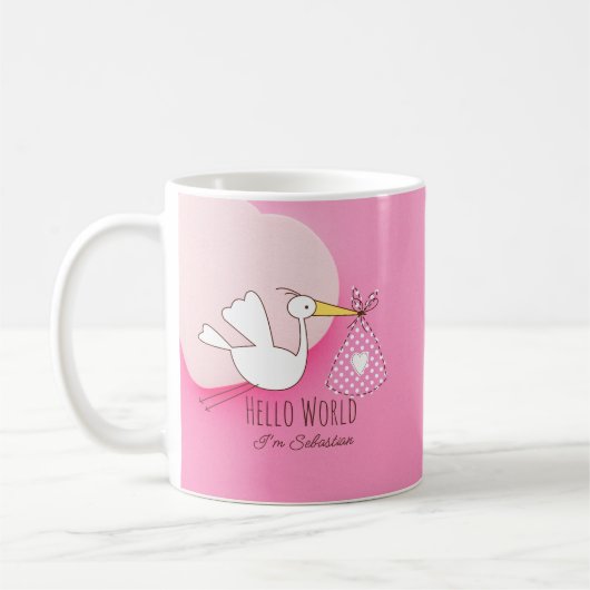 Cute Stork Baby Boy Hello World Sebastian Pink Mug Kaffeetasse (Links)