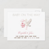 Cute Stork Pink Present Ankündigungspostkarte (Vorne/Hinten)