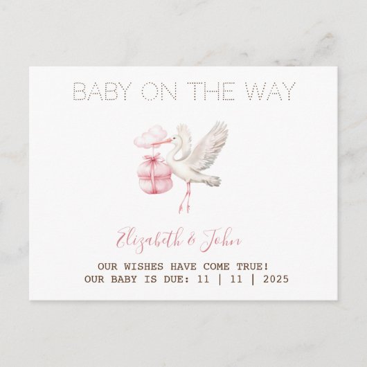 Cute Stork Pink Present Ankündigungspostkarte (Vorderseite)