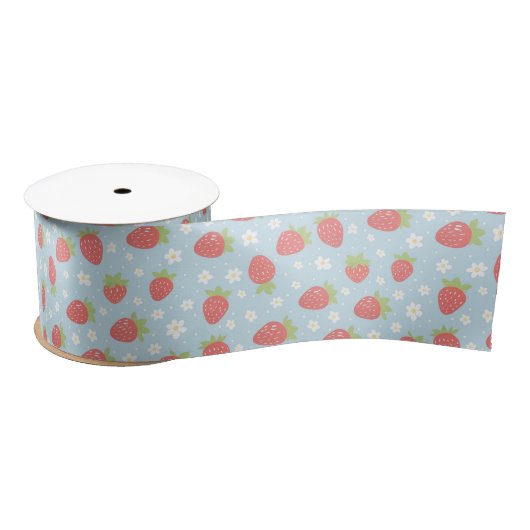 Cute Strawberries & Strawberry Flower Pattern Blue Satinband (Spule)