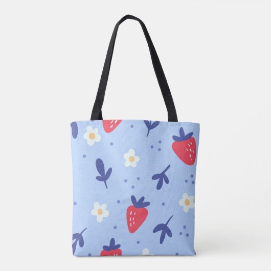 Cute Strawberry and Spring Flower Pattern on Blue Tasche (Rückseite)