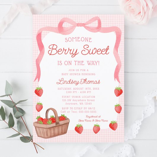 Cute Strawberry Bow Girl Baby Shower Einladung