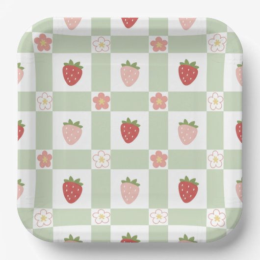 Cute Strawberry Checkered Kids Birthday Pappteller (Vorderseite)