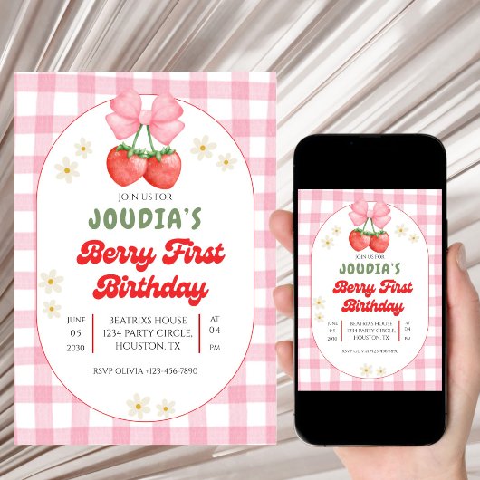 Cute Strawberry Fruit Daisy Berry First Birthday  Einladung