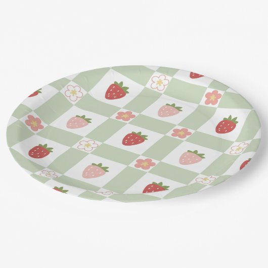 Cute Strawberry Gingham Pastel Green 1st Birthday Pappteller (Schrägansicht)