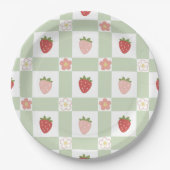 Cute Strawberry Gingham Pastel Green 1st Birthday Pappteller (Vorderseite)