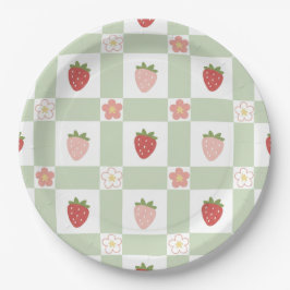 Cute Strawberry Gingham Pastel Green 1st Birthday Pappteller