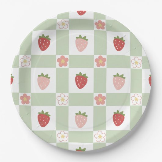 Cute Strawberry Gingham Pastel Green 1st Birthday Pappteller (Vorderseite)
