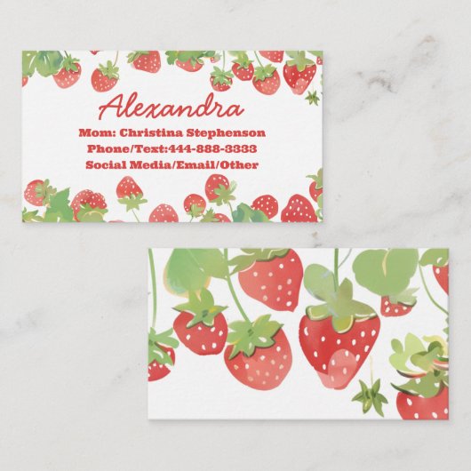 Cute Strawberry Kids Girls Name Play Date Calling Visitenkarte (Vorne/Hinten)