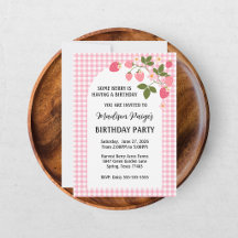 Cute Strawberry Pink Gingham Girls Birthday 