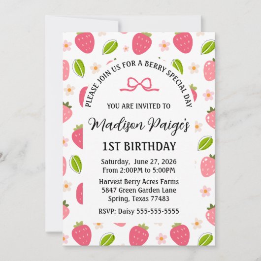 Cute Strawberry Pink Girls 1st Birthday Invitation Einladung (Vorderseite)