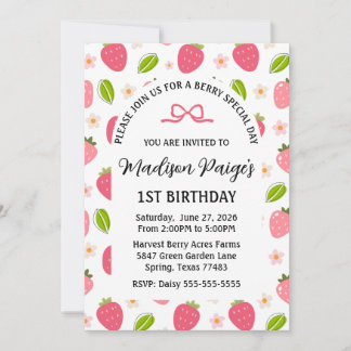 Cute Strawberry Pink Girls 1st Birthday Invitation Einladung