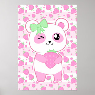 Cute Strawberry pink Kawaii Panda bear Poster