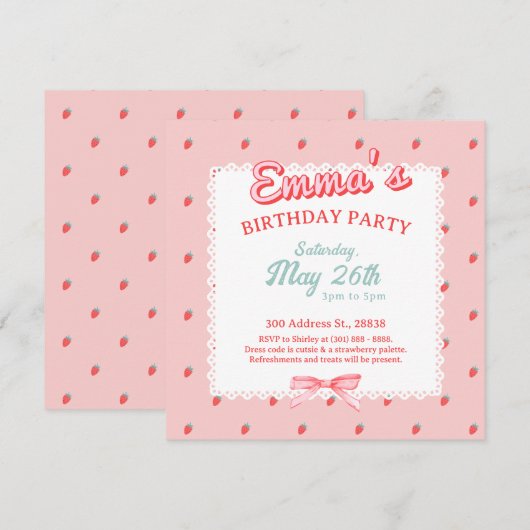 Cute Strawberry Square Invitation Einladung (Vorne/Hinten)
