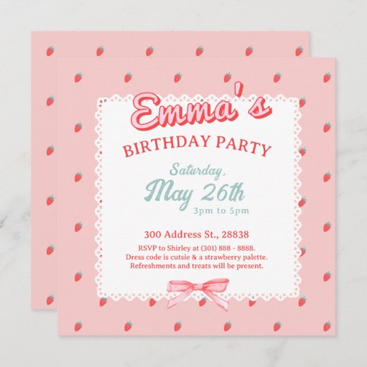 Cute Strawberry Square Invitation Einladung (Vorne/Hinten)