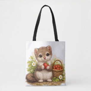 Cute Strawberry Weasel Tote Bag – Kawaii Woodland Tasche
