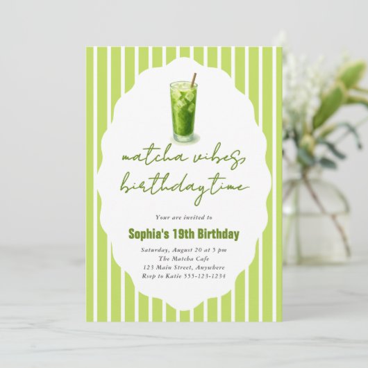 Cute Stripes Wavy Matcha 19th Birthday Party Einladung (Stehend Vorderseite)