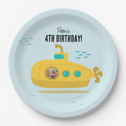 Cute Submarine Deep Sea Birthday Kids Photo Pappteller (Vorderseite)