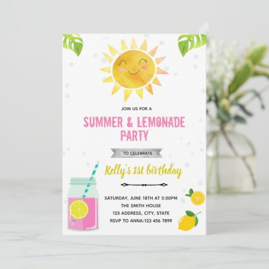 Cute summer pink lemonade invitation einladung (Stehend Vorderseite)