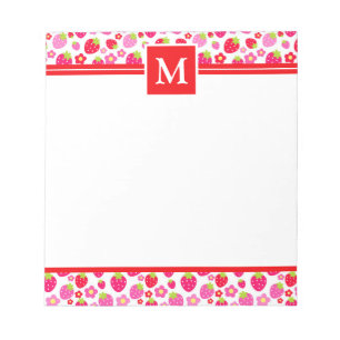 Cute Summer Red & Pink Strawberries Monogram Notizblock