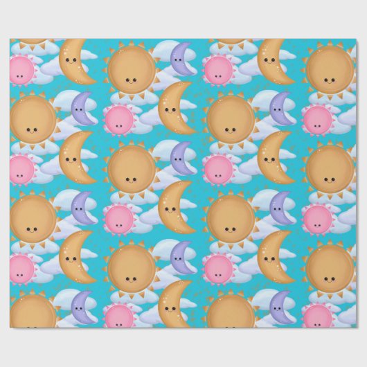 Cute Sun Moon and Cloud Pattern Wrapping Paper Geschenkpapier (Flach)