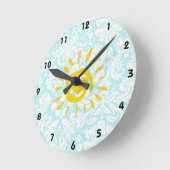 Cute Sun; Teal Damask Runde Wanduhr (Winkel)