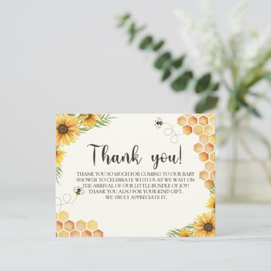 Cute Sunflower Bee Baby Shower Dankeskarte (Stehend Vorderseite)