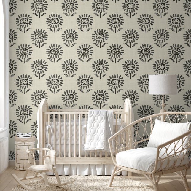 Cute Sunflower Block Print Charcoal Black & Beige Tapete (Kinder)