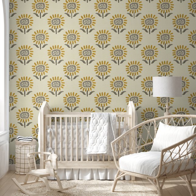 Cute Sunflower Block Print in Mustard & Beige Tapete (Kinder)