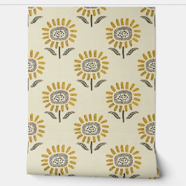 Cute Sunflower Block Print in Mustard & Beige Tapete