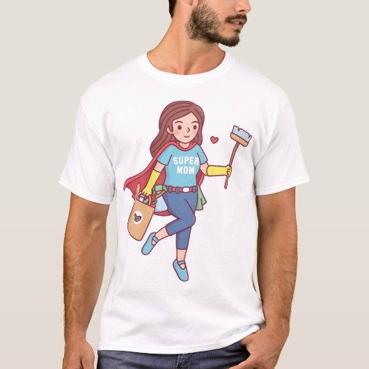 Cute Super Mom With Cleaning Tools and Groceries F T-Shirt (Vorderseite)