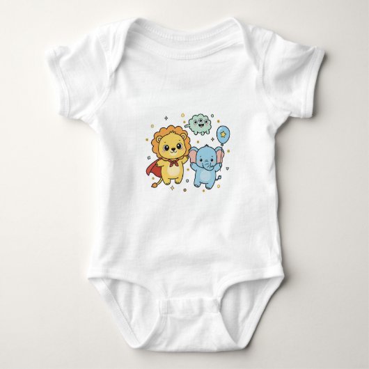 Cute Superhero Lion and Elephant Friends Cartoon Baby Strampler (Vorderseite)