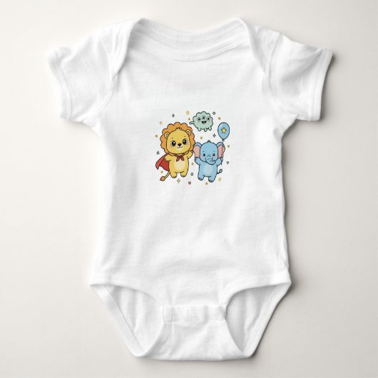 Cute Superhero Lion and Elephant Friends Cartoon Baby Strampler (Vorderseite)