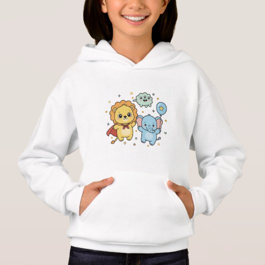 Cute Superhero Lion and Elephant Friends Cartoon Hoodie (Vorderseite)