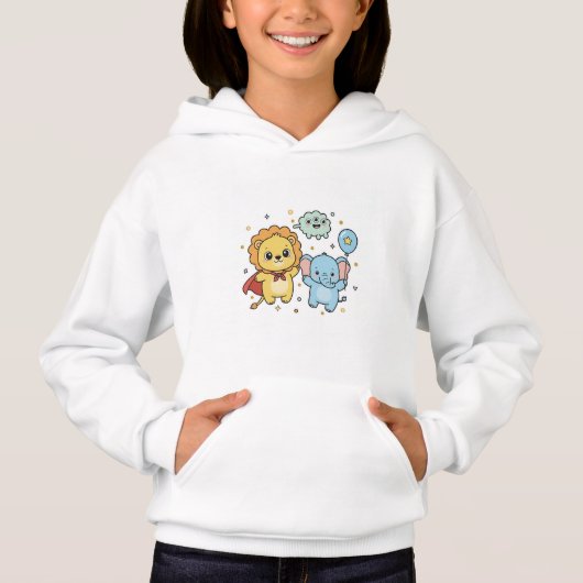 Cute Superhero Lion and Elephant Friends Cartoon Hoodie (Vorderseite)
