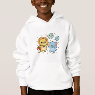 Cute Superhero Lion and Elephant Friends Cartoon Hoodie