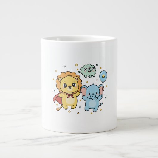 Cute Superhero Lion and Elephant Friends Cartoon Jumbo-Tasse (Vorderseite)