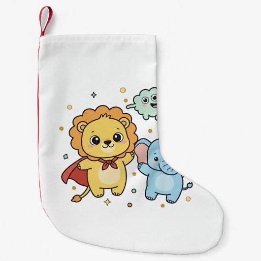 Cute Superhero Lion and Elephant Friends Cartoon Kleiner Weihnachtsstrumpf (Vorderseite)