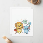 Cute Superhero Lion and Elephant Friends Cartoon Mitteilungskarte (Vorderseite/Rückseite Beispiel)