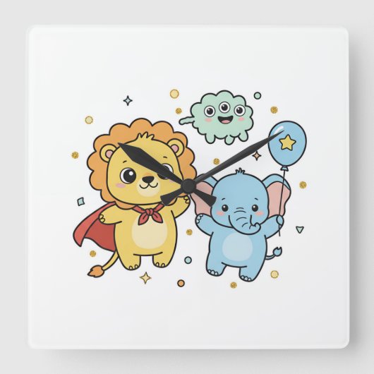 Cute Superhero Lion and Elephant Friends Cartoon Quadratische Wanduhr (Vorderseite)