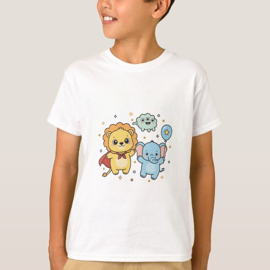 Cute Superhero Lion and Elephant Friends Cartoon T-Shirt (Vorderseite)