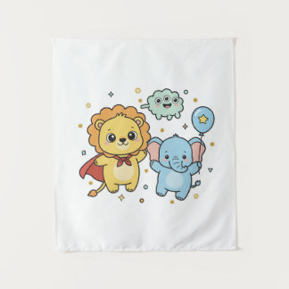 Cute Superhero Lion and Elephant Friends Cartoon Wandteppich