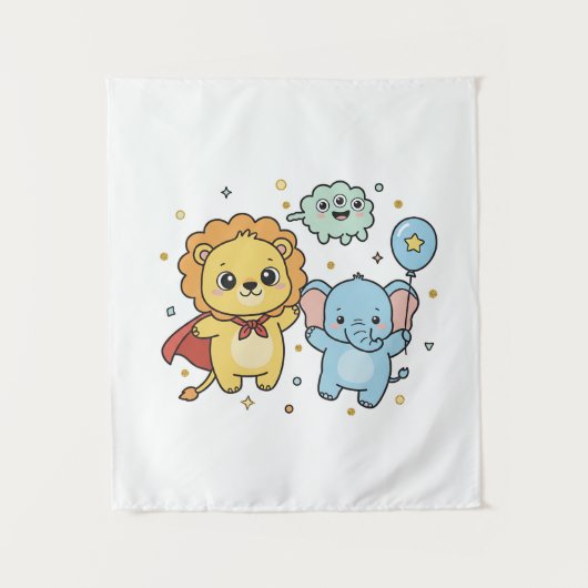 Cute Superhero Lion and Elephant Friends Cartoon Wandteppich (Vorderseite)