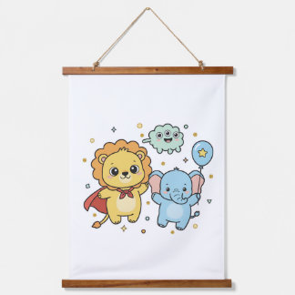 Cute Superhero Lion and Elephant Friends Cartoon Wandteppich Mit Holzrahmen