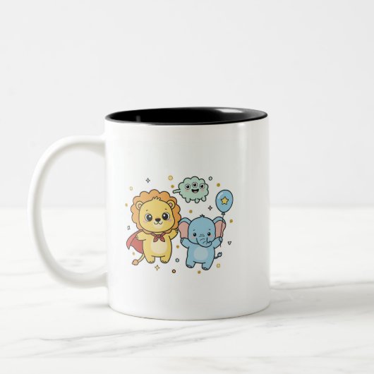 Cute Superhero Lion and Elephant Friends Cartoon Zweifarbige Tasse (Links)