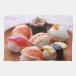 Cute Sushi Bites on Wooden Plate Geschirrtuch
