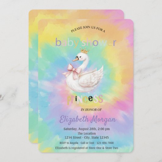 Cute Swan Crown Bow Tie Dye Baby Shower Einladung (Vorne/Hinten)